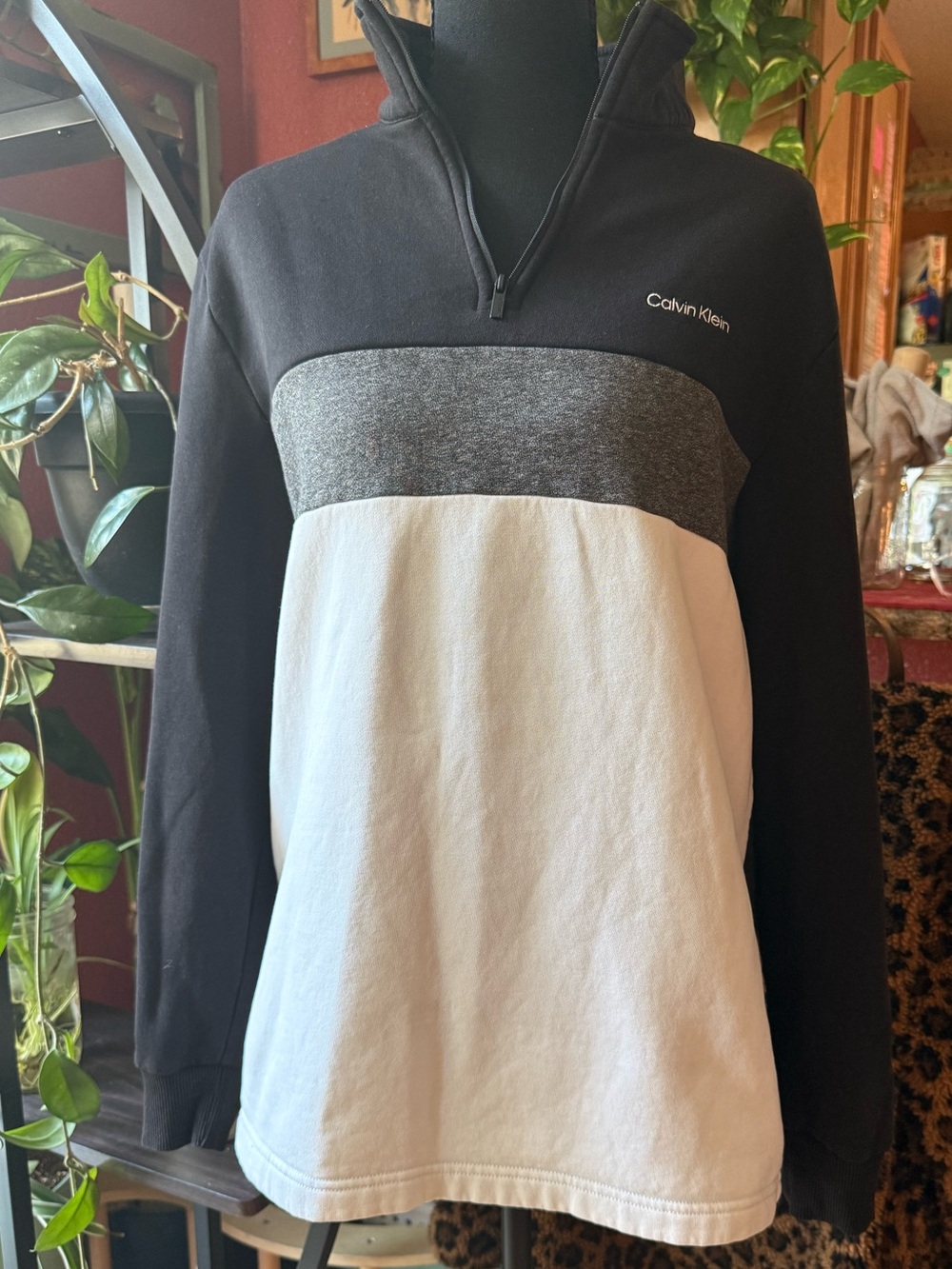 Calvin Klein Black, Gray & White Colorblock Quarter-Zip Sweater